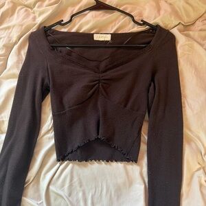 La Hearts Black Long Sleeve Cropped Top with Lettuce Hem
